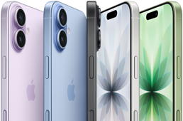 iPhone 17 mostrato di fronte, da dietro e di lato, cinque colori: lavanda, azzurro nebbia, nero, bianco e salvia