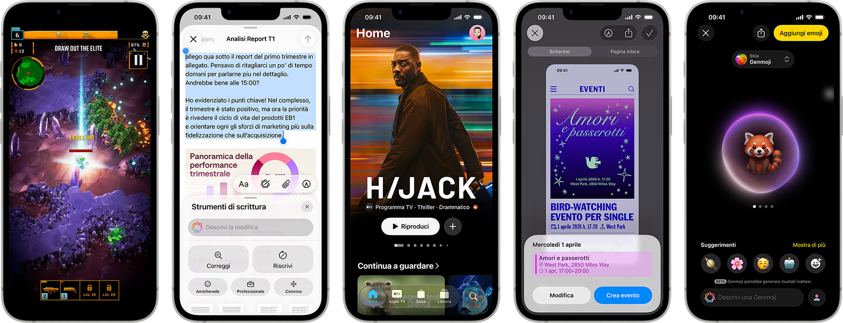 Degli iPhone 17e affiancati che mostrano varie schermate: la scena di un gioco, gli Strumenti di scrittura, l’app Apple TV, la creazione di un evento nel Calendario, la creazione di una Genmoji