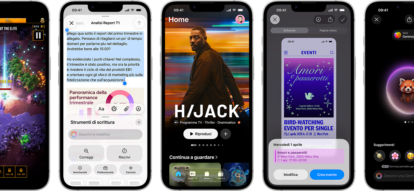 Degli iPhone 17e affiancati che mostrano varie schermate: la scena di un gioco, gli Strumenti di scrittura, l’app Apple TV, la creazione di un evento nel Calendario, la creazione di una Genmoji