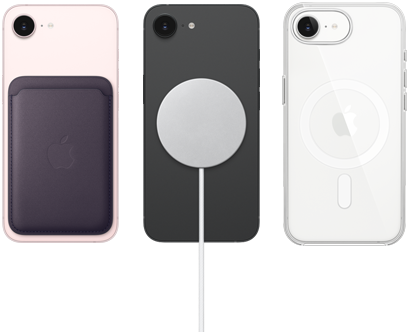 iPhone 17e rosa chiaro con portafoglio in tessuto FineWoven color viola mezzanotte, iPhone 17e nero e caricabatterie MagSafe, iPhone 17e bianco con custodia MagSafe trasparente