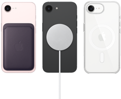 iPhone 17e rosa chiaro con portafoglio in tessuto FineWoven color viola mezzanotte, iPhone 17e nero e caricabatterie MagSafe, iPhone 17e bianco con custodia MagSafe trasparente