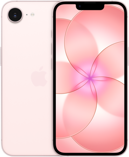 Due iPhone 17e affiancati, uno color rosa chiaro mostrato da dietro, sistema con fotocamera Fusion in alto a sinistra, l’altro mostrato di fronte con design all-screen