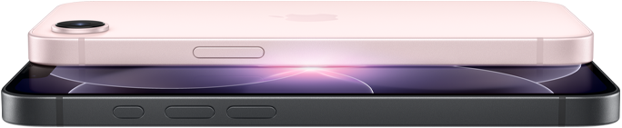 iPhone 17e rosa chiaro, in orizzontale, mostrato da dietro; iPhone 17e nero, in orizzontale, mostrato di fronte