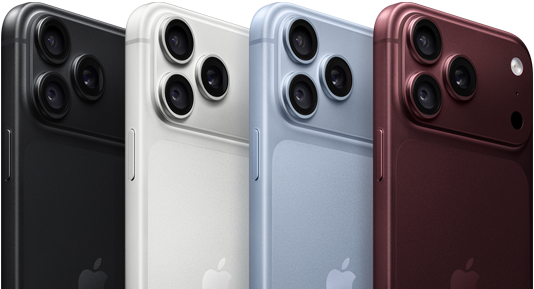 Una fila di iPhone 18 Pro mostrati da dietro nei quattro colori disponibili: borgogna, ghiacciaio, argento e nero; sistema di fotocamere Pro Fusion nell’angolo in alto a sinistra, tre obiettivi, microfono, flash