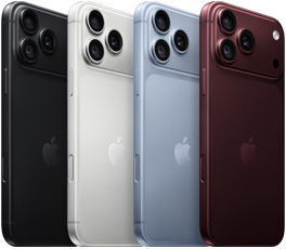 Una fila di iPhone 18 Pro mostrati da dietro nei quattro colori disponibili: borgogna, ghiacciaio, argento e nero; sistema di fotocamere Pro Fusion nell’angolo in alto a sinistra, tre obiettivi, microfono, flash